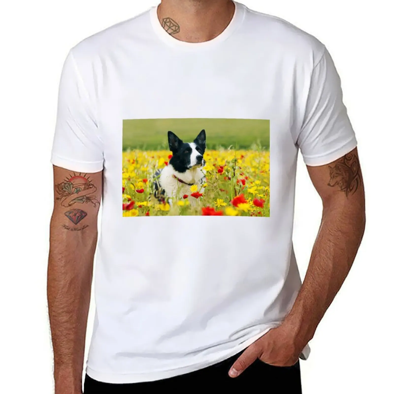 

Dog Sitting Pretty in the Flowers T-Shirt funny t shirts dark humor mens graphic t shirts T-Shirt