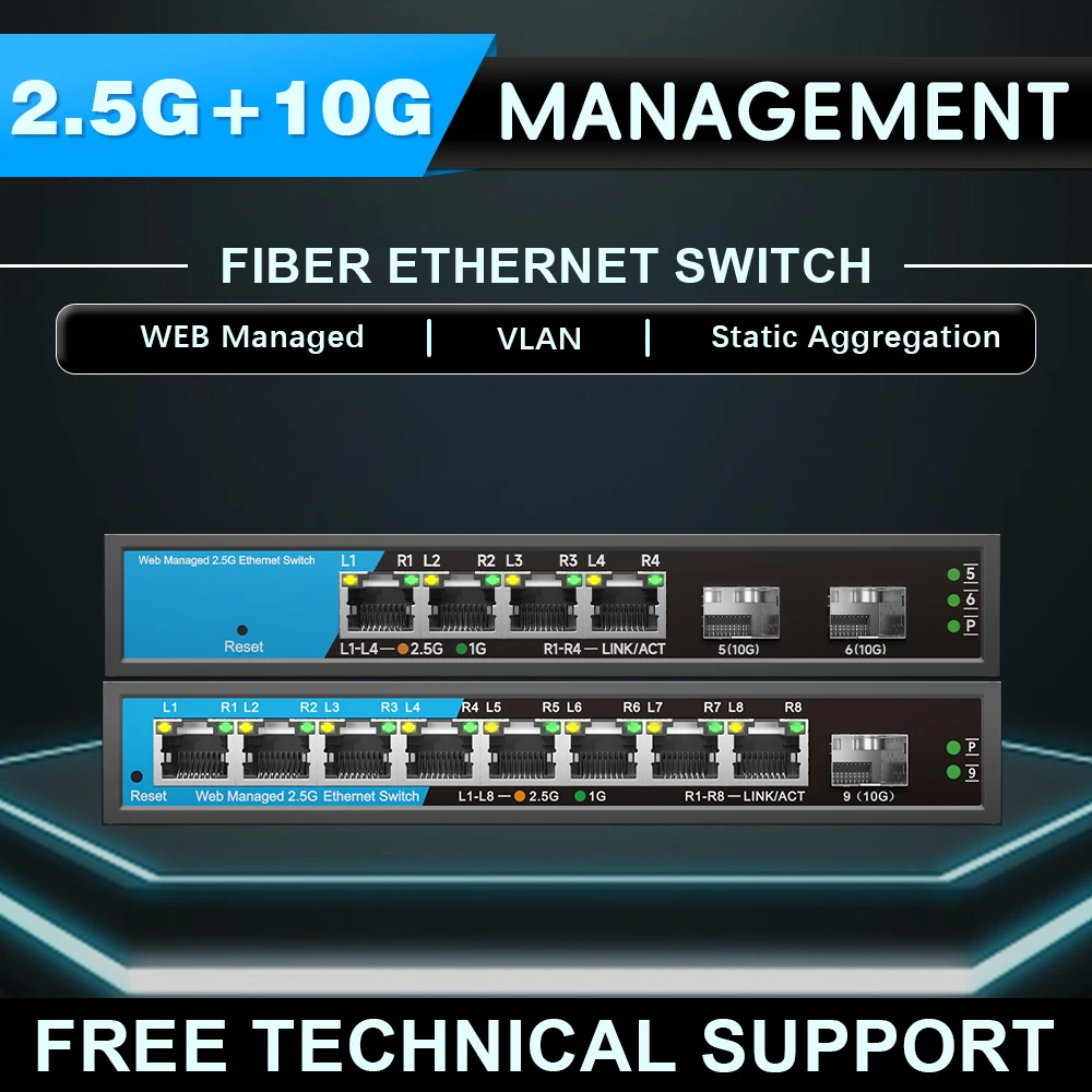 OPTFOCUS Web Managed 5 8-portowy przełącznik sieciowy 2,5G VLAN 2,5gbe RJ45 koncentrator Ethernet 10gbe sfp+ z agregacją łącza Qos