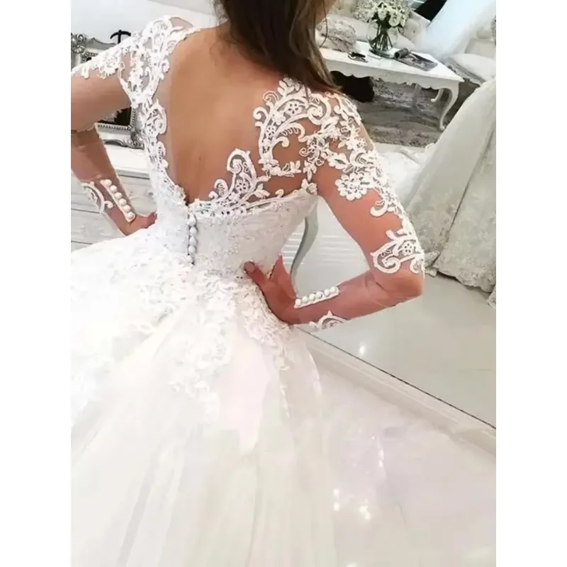 Customized New V Neck Ball Gown Two In One Plus Size Detachable Skirt Lace Bridal Gown Long Sleeve Muslim Arab Wedding Dresses