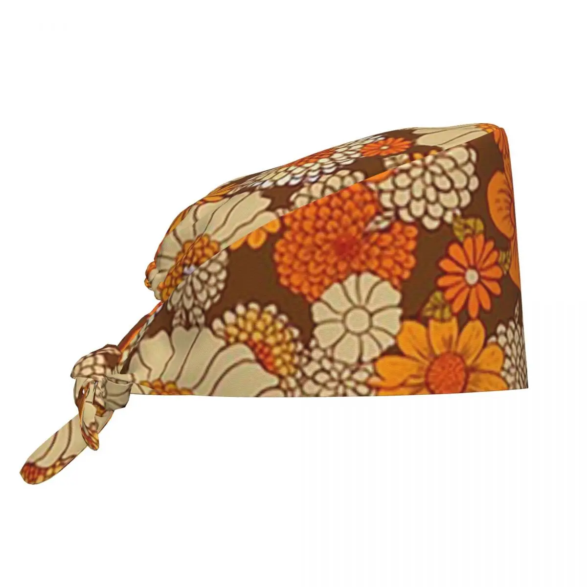 70s ريترو الإقحوانات خمر زهرة الطاقة البرتقال والبني بوهو فرك قبعة الطبيب العمل قبعة جراحية قبعات التمريض لطبيب الأسنان