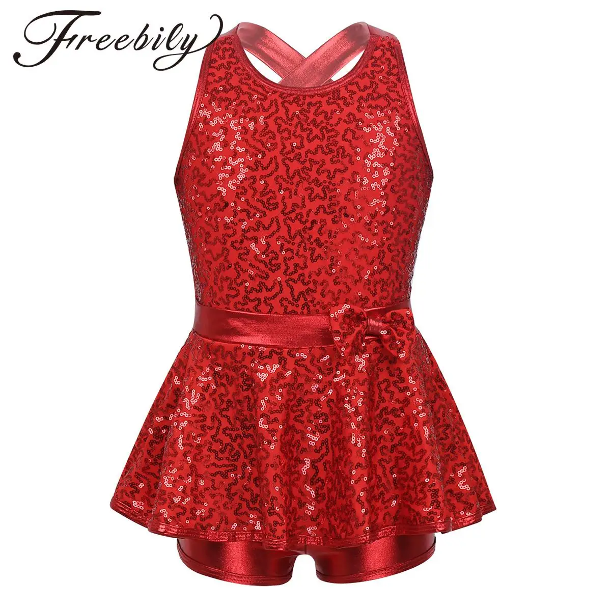 

Kids Girls Jazz Modern Tap Dance Dress Sleeveless Backless Shiny Sequin Bowknot Leotard Ballet Gymnastics Performance Costume