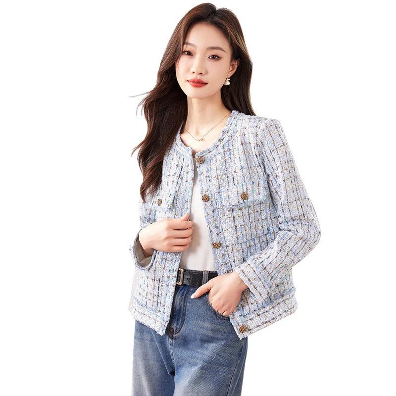 

Women's blue short tweed jacket, new spring and autumn season high-end small fragrant style temperament top