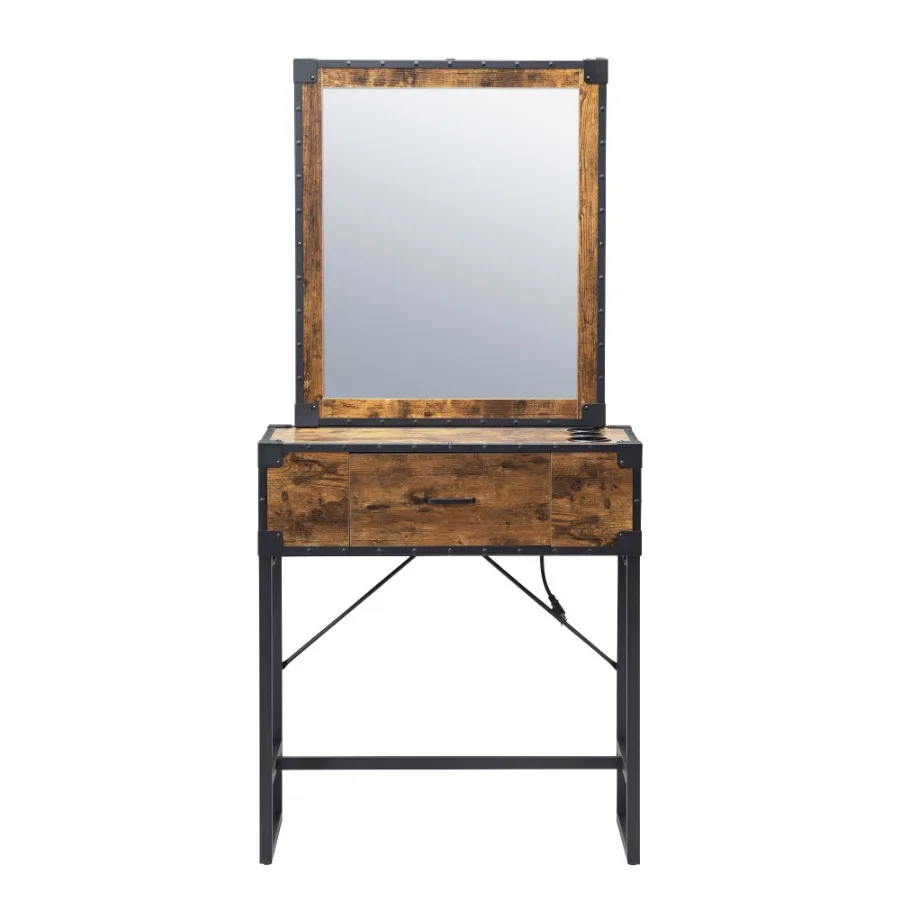 

Hair salon table with mirror burned wood grain