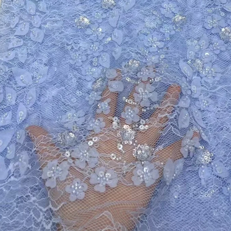 

African 3D Floral Beaded Lace Fabric Handmade High Quality Tulle Embroidery For Wedding Bridal Dress Sewing Material 5 Yards