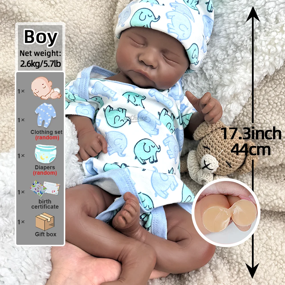 Muñeca Levi realista de 17 pulgadas, tacto suave, color negro, de silicona pintada en 3D, de cuerpo completo, para regalo de cumpleaños infantil.