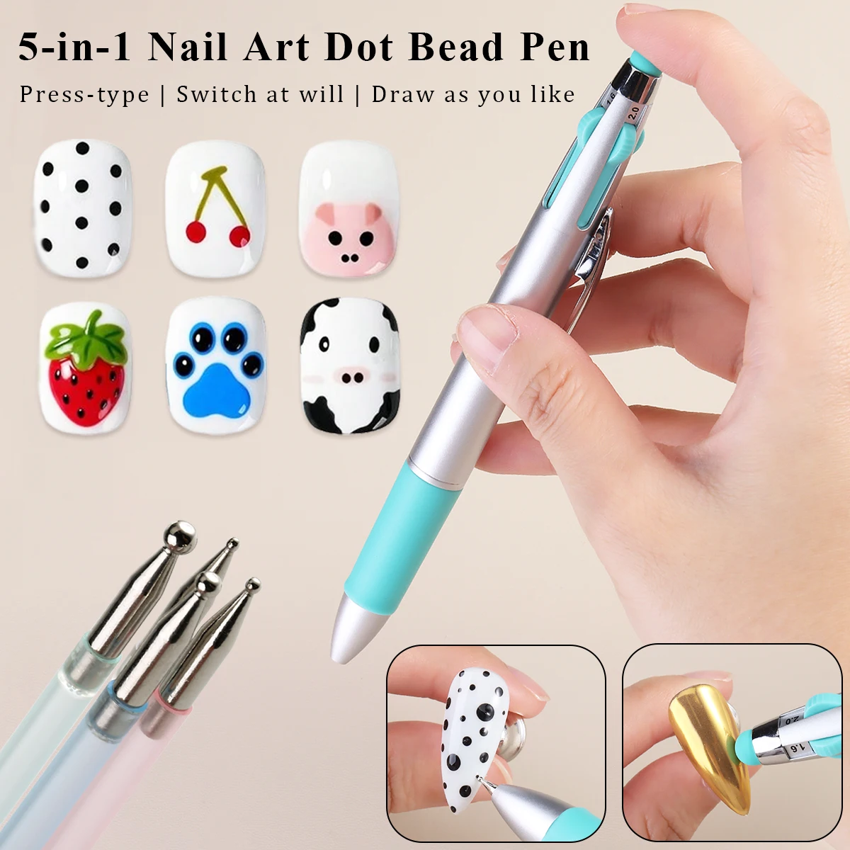 5 In 1 Nail Art Dotting Pen Press Type Nail Dot Bead Pen Multi Size Metal Dot Head Nail Painting Drawing Tool for DIY Nail Salon