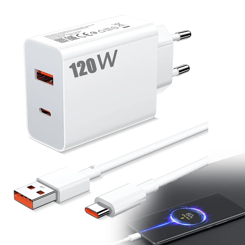 Chargeur 120W pour Xiaomi avec câble de charge USB C, chargeur USB C 2 ports, chargeur rapide pour Xiaomi 14T 13Pro 12T 14 Ultra Redmi Note 14s 13 Pro 11 11s Poco X7 Pro