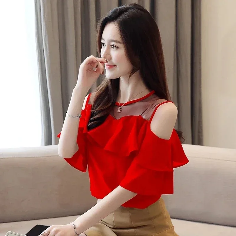 Women\'s Round Collar Mesh Chiffon Blouse, Short Sleeve Ruffles Tops, Sexy Off Shoulder Shirt, Solid Color Clothes, Summer, 4206