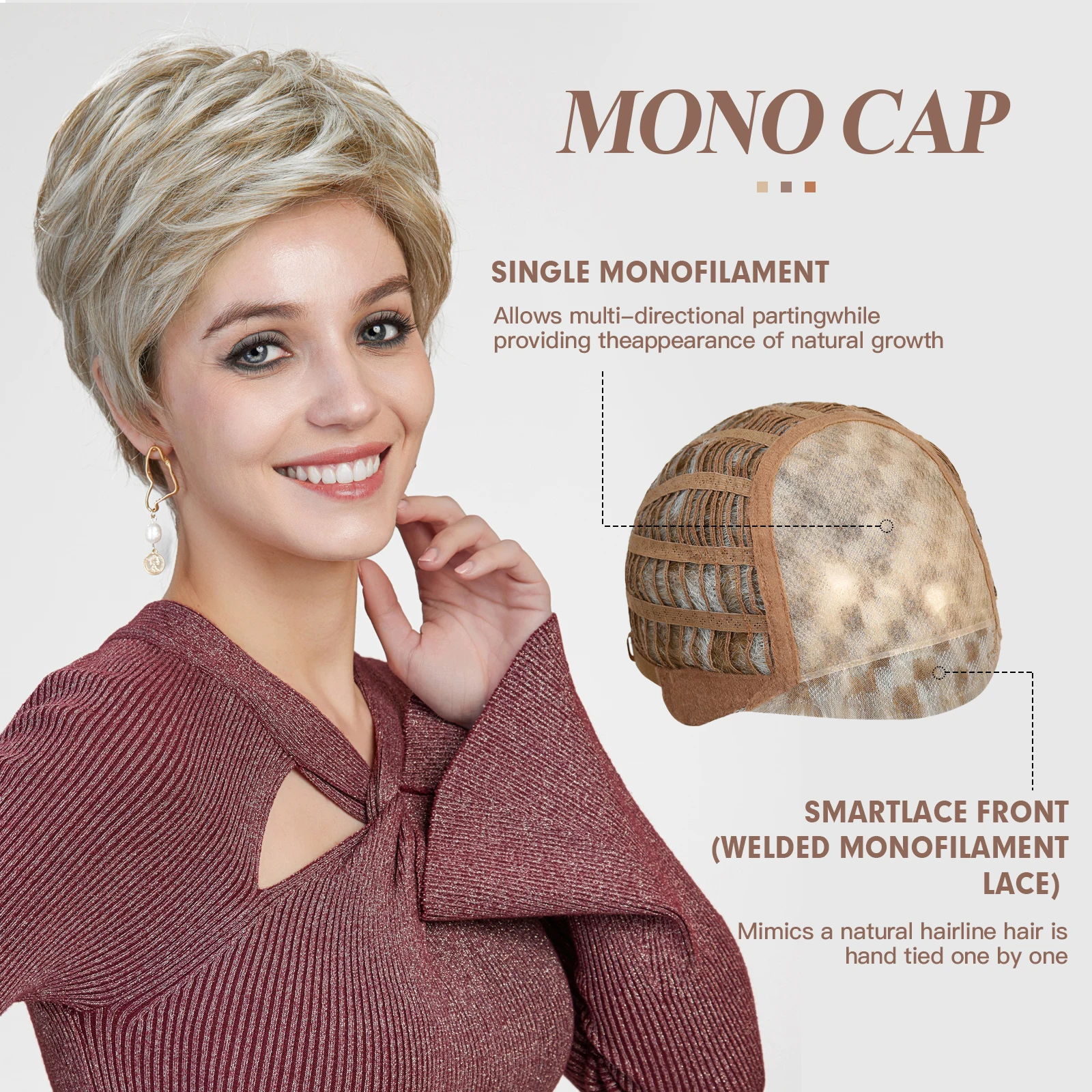 Peluca sintética con flequillo para mujer, pelo corto de corte Pixie rubio dorado con malla frontal, monofilamento, resistente al calor