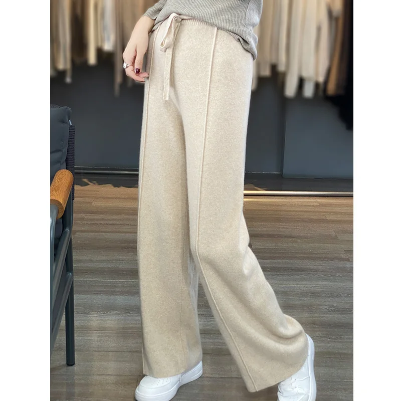 LDZWSM 100% wool pants women's sewing knitted winter wide-leg pants thick Maillard gaiden cashmere pants women wear outside