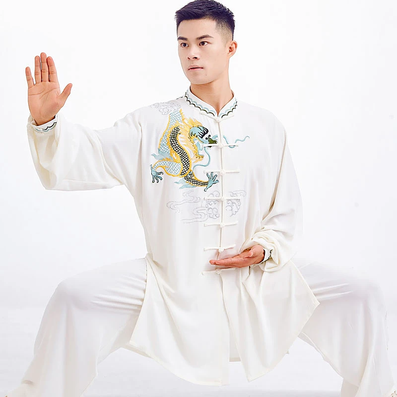 Martial Arts Uniform for Men - White Dragon Embroidery Tai Chi Suit in High-End Silk Hemp Blend for Spring Autumn