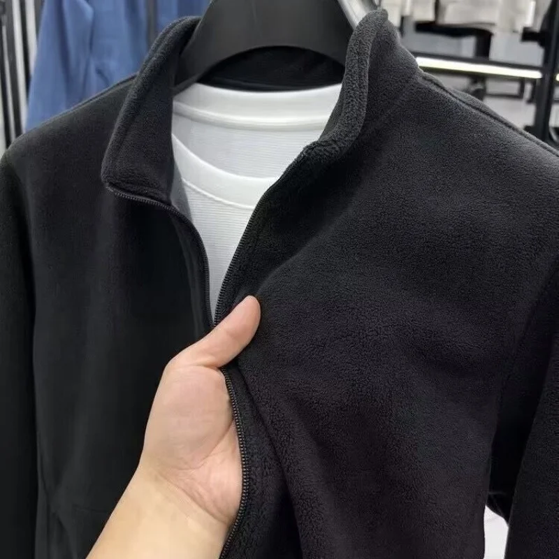 Men Polar Fleece Jacket  Stand Collar Warm Outdoor Coat Solid Color Multi Side Pockets Lightweight Hiking Camping Layer Sweater