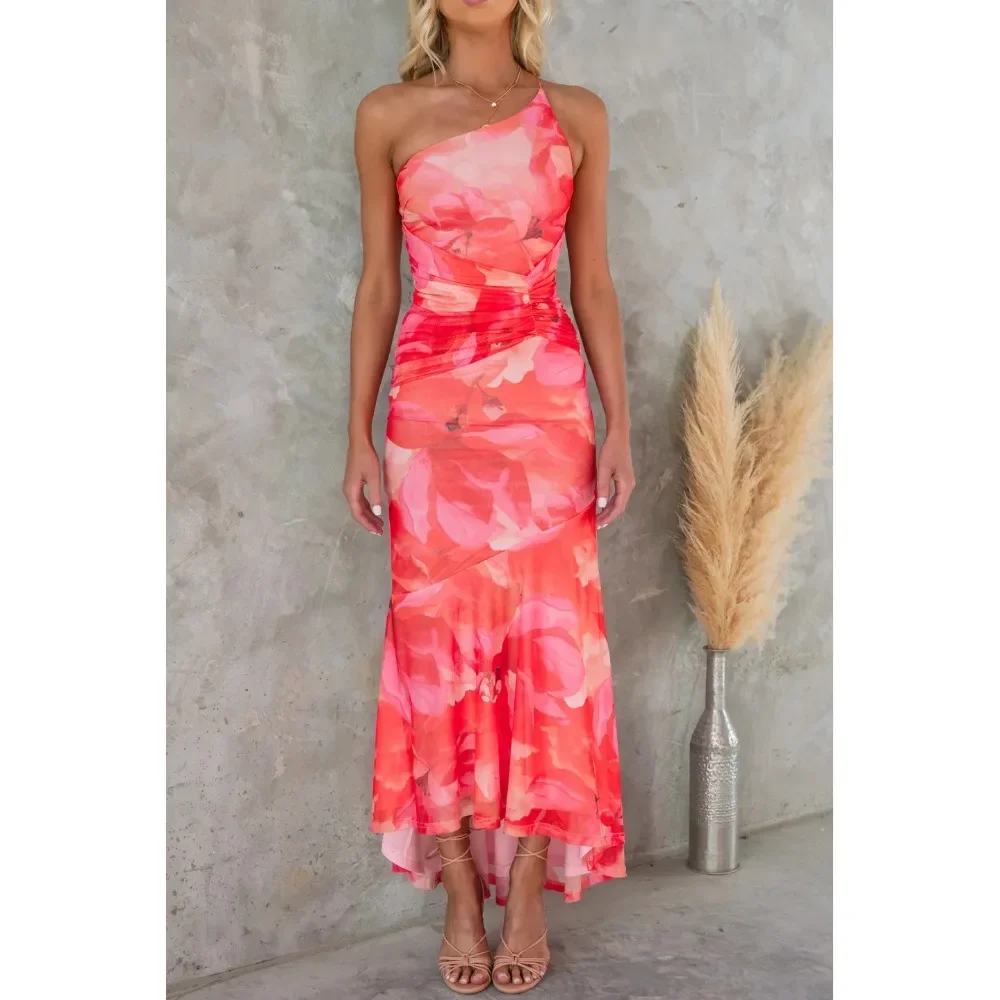 

Spring/Summer Slant Neck Off Shoulder Women's Dress Fashion Printed Sleeveless Waist Dress Holiday Elegant Women's Casual Dress