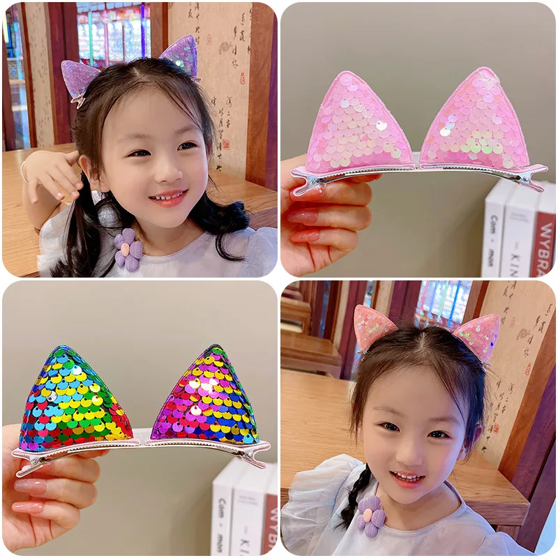 2PCS New Sequins Cat Ears Hairpins Girls Hair Clips Hair Accessories Child Sweet Barrettes Cute Kids Fashion Headwear Ornaments