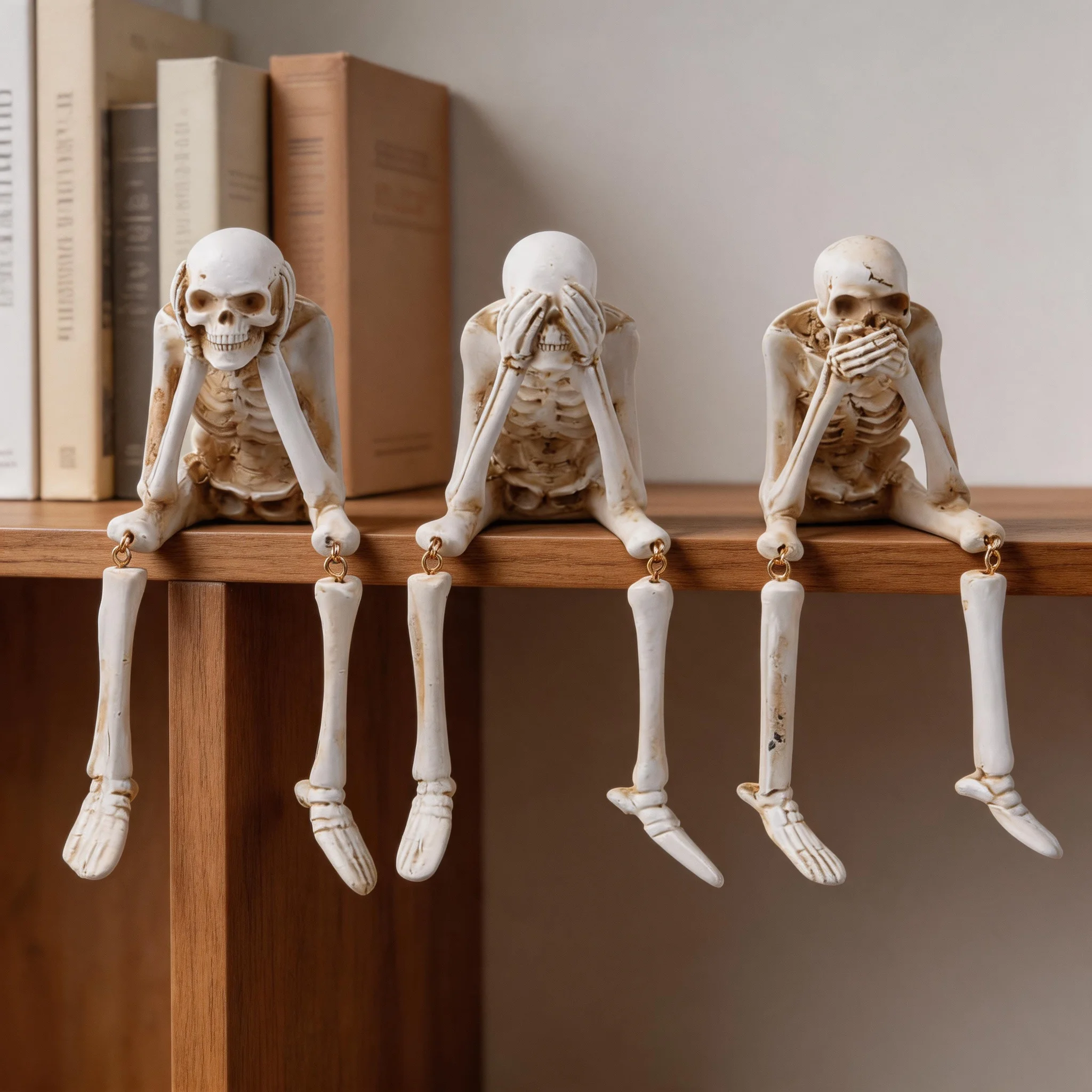 Table Edge Sitting Skeleton Decor See Speak Hear No Evil Halloween Resin Skull Figurines for Bookshelf Home Interior Ornament