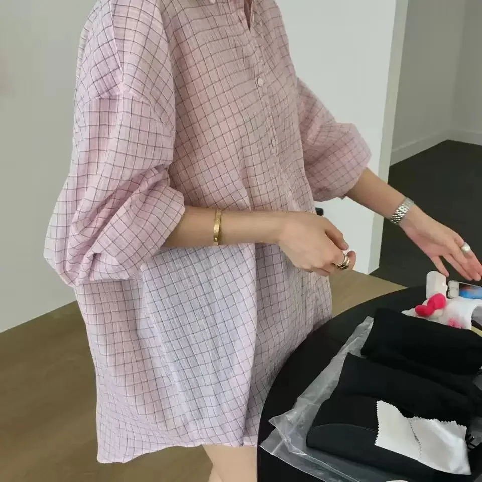 Spring Summer Sweet Loose Fit Long Sleeve Shirt Collared Plaid Hooded Top for Women Breathable Cotton Blend Comfortable Shirt