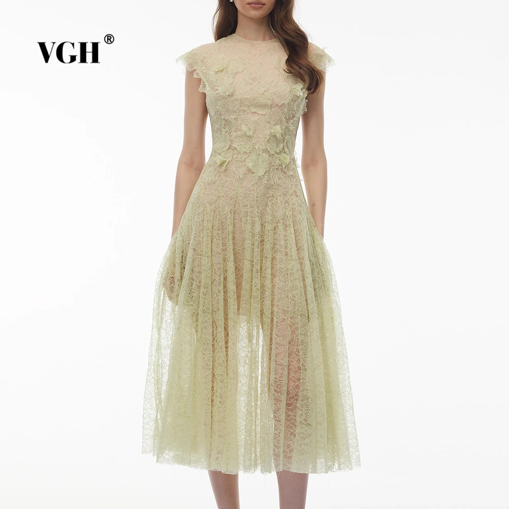 VGH Solid Loose Spliced Lace Chic Dresses for Women O Neck Sleeveless Elegant Gentle Dress Female Summer Fashion Style Clothing