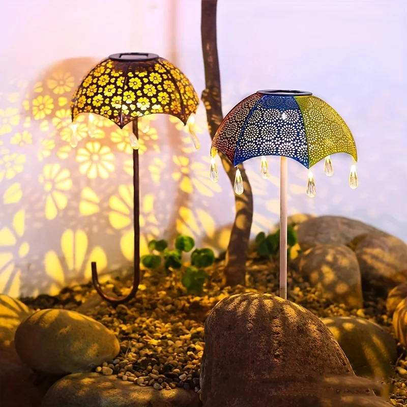 Solar wrought iron umbrella statue light,The garden is projected with solar lights,Landscape decoration hollow projection light,Garden statue solar lights,Garden wrought iron solar lights
