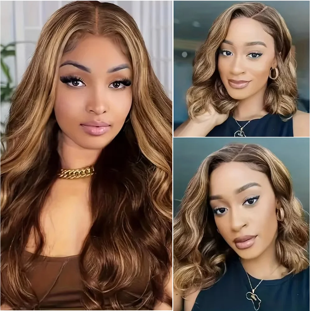 200% 4/24 하이라이트 바디 웨이브 레이스 프론탈 가발 13x6 HD 브라질리언 투명 36인치 프리 플러킹 100% 인모 레이스 프론트 가발