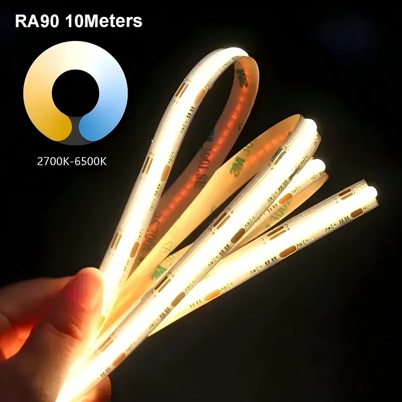 

10m 12V 24V CCT Cob Led Strip 2700K To 6500K Dimmable Ra90 608leds 5MM 8MM 10MM Cob Led Strip Light