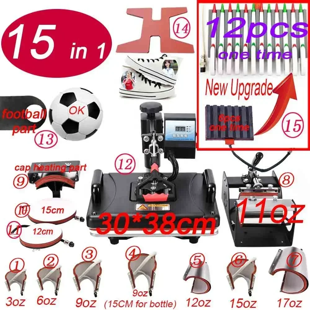 15 In 1 Combo Heat Press Machine T-shirt mug hat Plate pen puzzle heat transfer machine multi-function sublimation Print machine