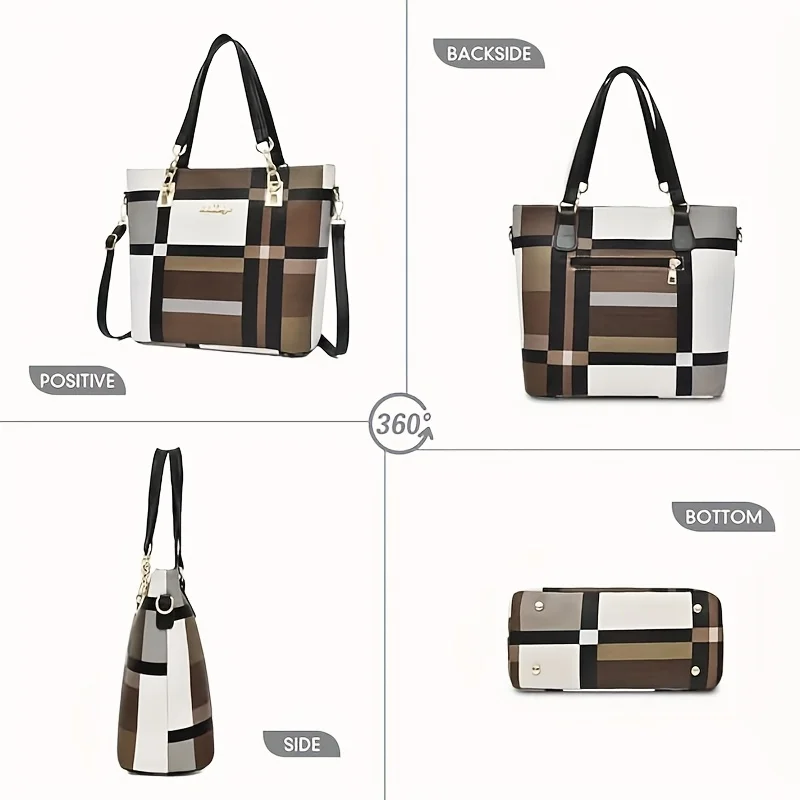 Fashion Plaid 6Pcs Ladies Handbag Set PU Leather Tote Shoulder Bag Wallet Coin Purse Multi-piece Daily Handbags