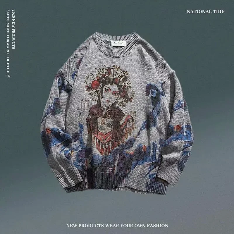 Autumn Chinese Style Printed Dyed Pullover Sweater Men's Loose Retro National Beijing Opera Top Couple Unisex Jumpers Streetwear