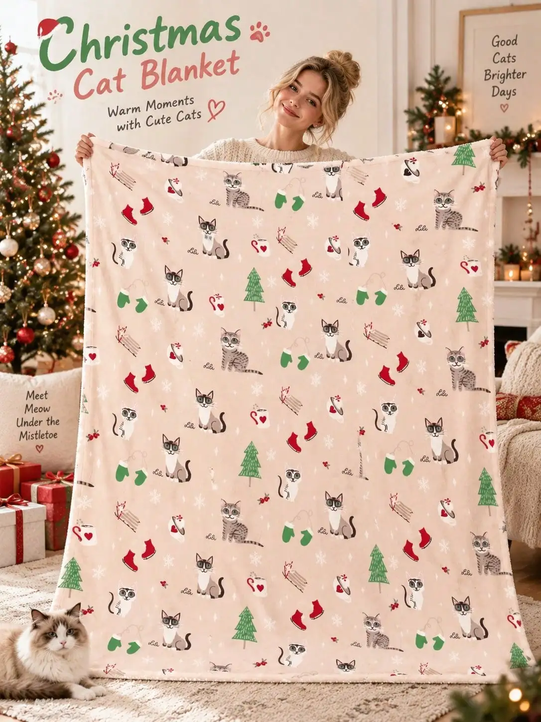 Christmas Flannel Blankets & Throws Cats Mittens Stockings Trees Snowflakes Home Decor Sofa Couch Bed Bedroom Living Room Office Travel Reading Gift for Family Friends Pet Owners Housewarming Birthday Anniversary Holiday Bedding Fireplace Entryway