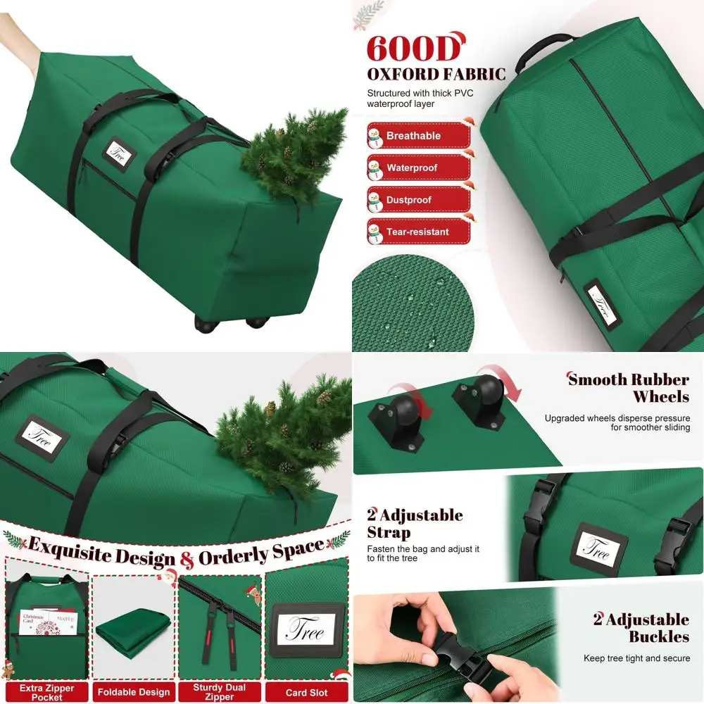 

9ft Artificial Christmas Tree Storage Bag with Wheels, Reinforced Handles, Buckle, 600D Cloth, Dual Zips