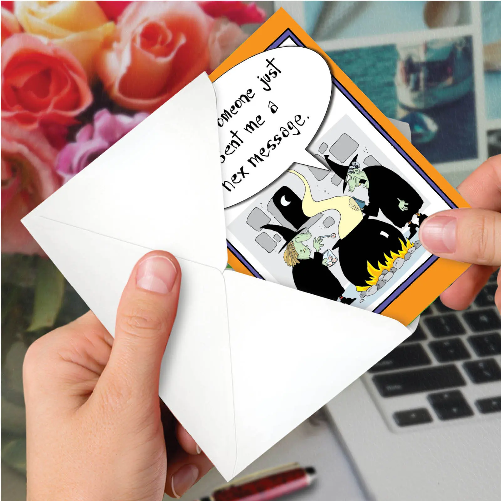 1 grappige Halloween-papieren kaart met envelop Heks Hex-bericht voor hem voor haar nobele werkzaamheden