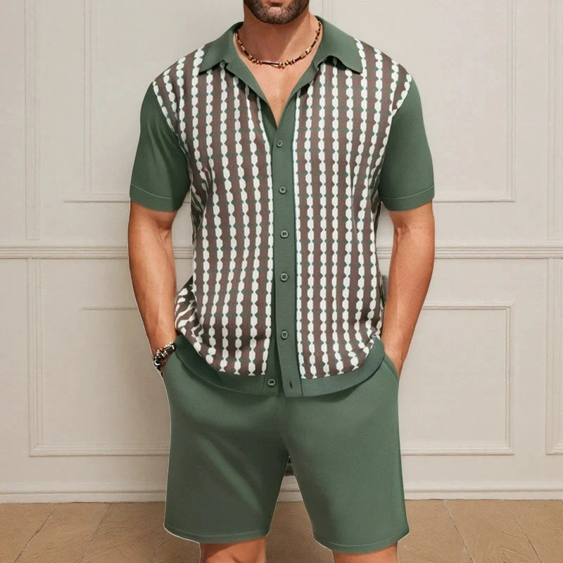 ジャカードニットウェア 2 点セットシャツ & ショーツスーツ男性カジュアル夏の涼しさ品質シルキー弾性トラックスーツアンサンブルオム