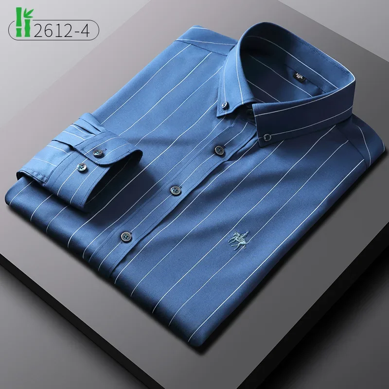 Camisa de manga comprida com fibra de bambu masculina, fina, alta qualidade, seda gelada, casual, rugas, sedosa, negócios, roupas masculinas, atacado, novo