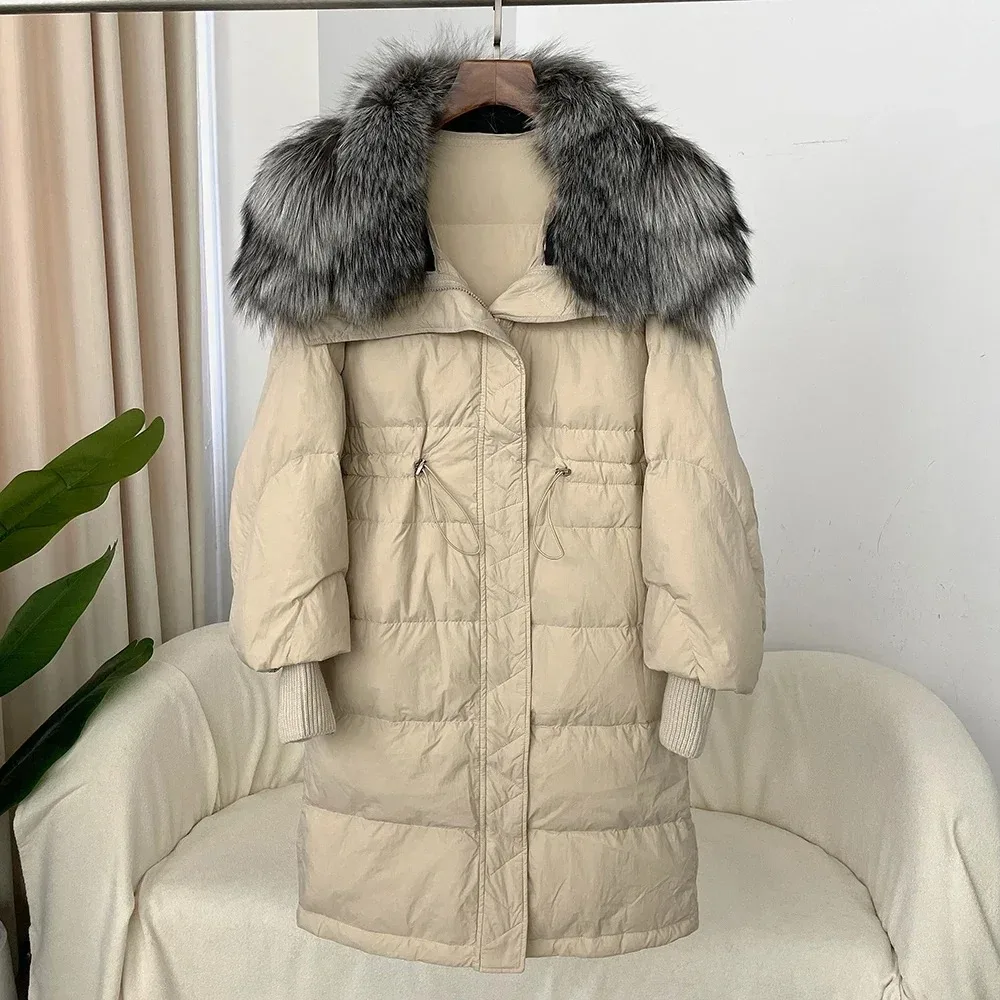 Autumn Winter Mid-length Down Jacket Removable Natural Fox Fur Collar Women Thickened Warm Waist Down Jacket 50% White Duck Down