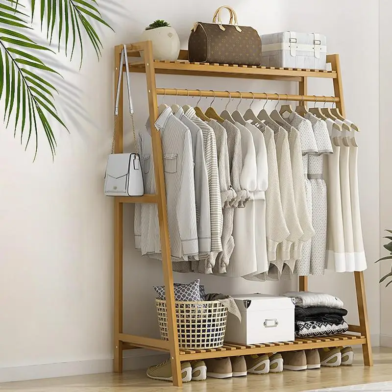 

Floor Garment Rack Multi Layers Home Standing Clothes Shelf Wooden Clothing Garment Rack With Shelves Coat Organizer Wardrobe