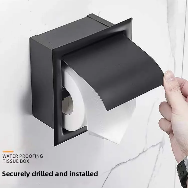 Recessed Toilet Paper Holder In Wall Installation Black Stainless Steel Concealed Tissue Box Dispenser Hidden Roll Rack Hotel
