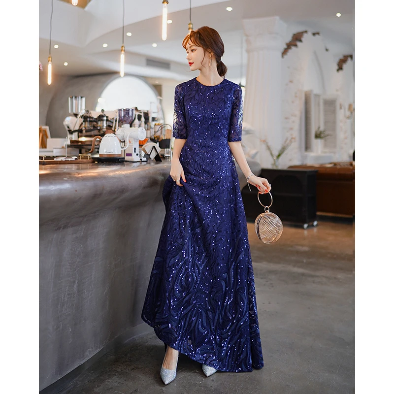 Royal Blue Long Formal Dresses For Women Elegant O-neck  Sparkly Sequin Evening Dresses