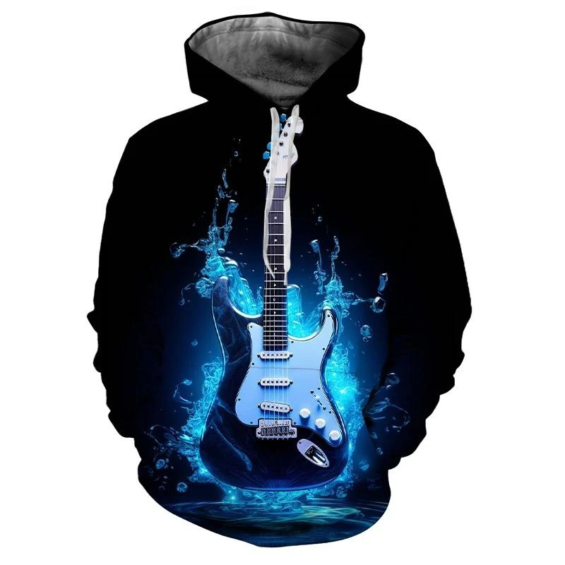 Retro Blue Bass Guitar 3d Print Hoodie Men Fashion Casual Music Instruments Pattern Pullovers Funny Personality Street Hoodies