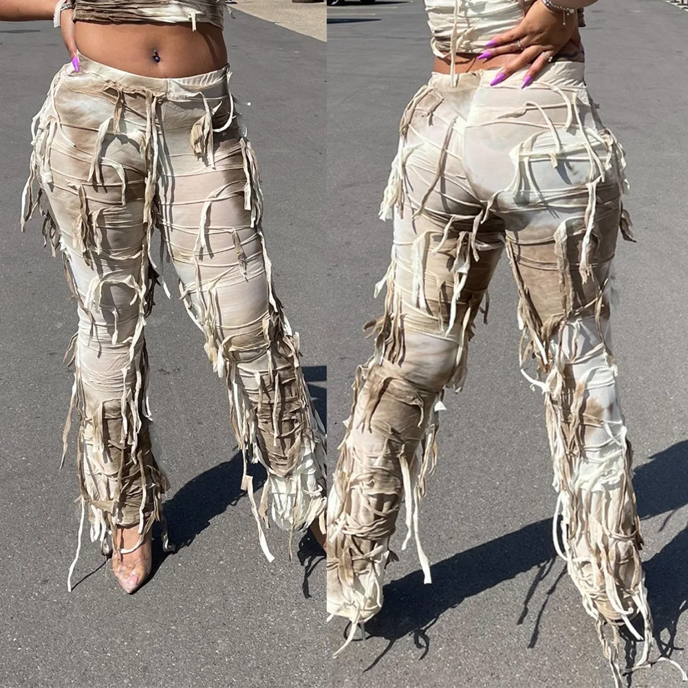 2026 Spring Autumn New Women's Fashion Street Style Personalized Tie Dye Tassel Decor Comfortable Casual Commute Versatile Pants