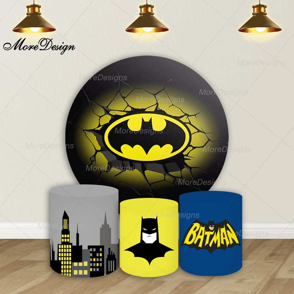 Dc Batman Photo Backdrop Boys Birthday Party Cartoon City Building Round and Cylinder Covers Fabric Photography Background