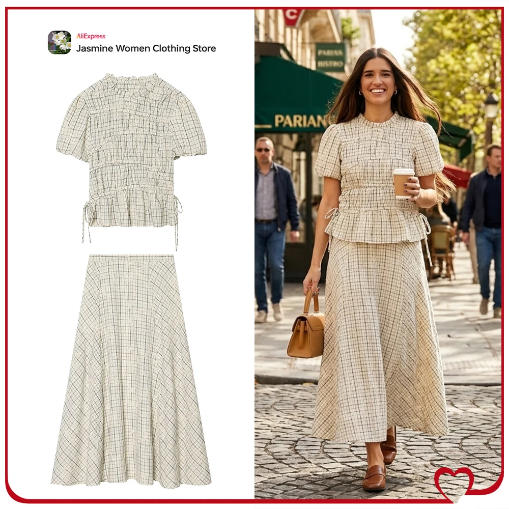 

New in Embroidered Plaid 2 Piece Sets Women's Summer Skirt Sets Ruffled Neck Short Balloon Sleeves Top and Skirt with Embroidery