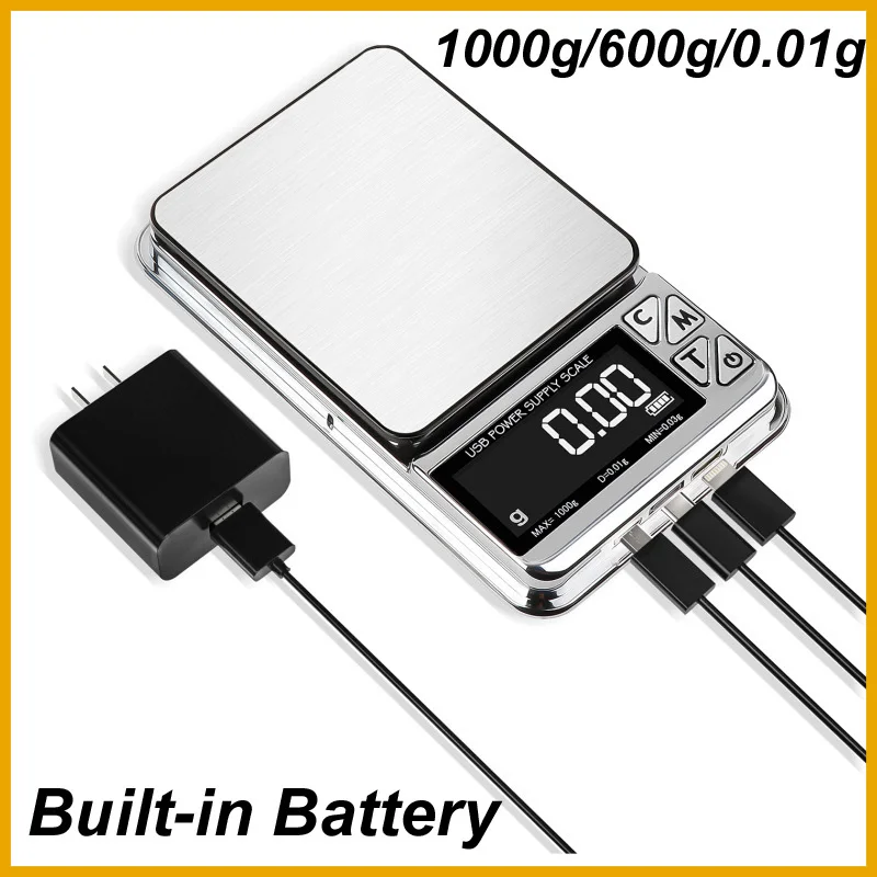 1000g/600g 0.01g Electronic Digital Scale Precision LCD Stainless Jewelry Gold Count Balance Scales Rechargeable Built-in Batter
