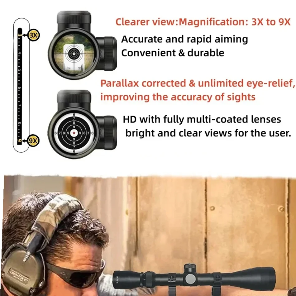 3-9x40 Hunting Riflescope Optical Sight Second Focal Plane Airsoft Air Scope Tactical Accessory Fit 11/20mm Rail