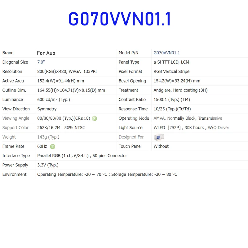 Оригинальная панель ЖК-дисплея G070VVN01.1 7,0 дюйма для Auo, новинка