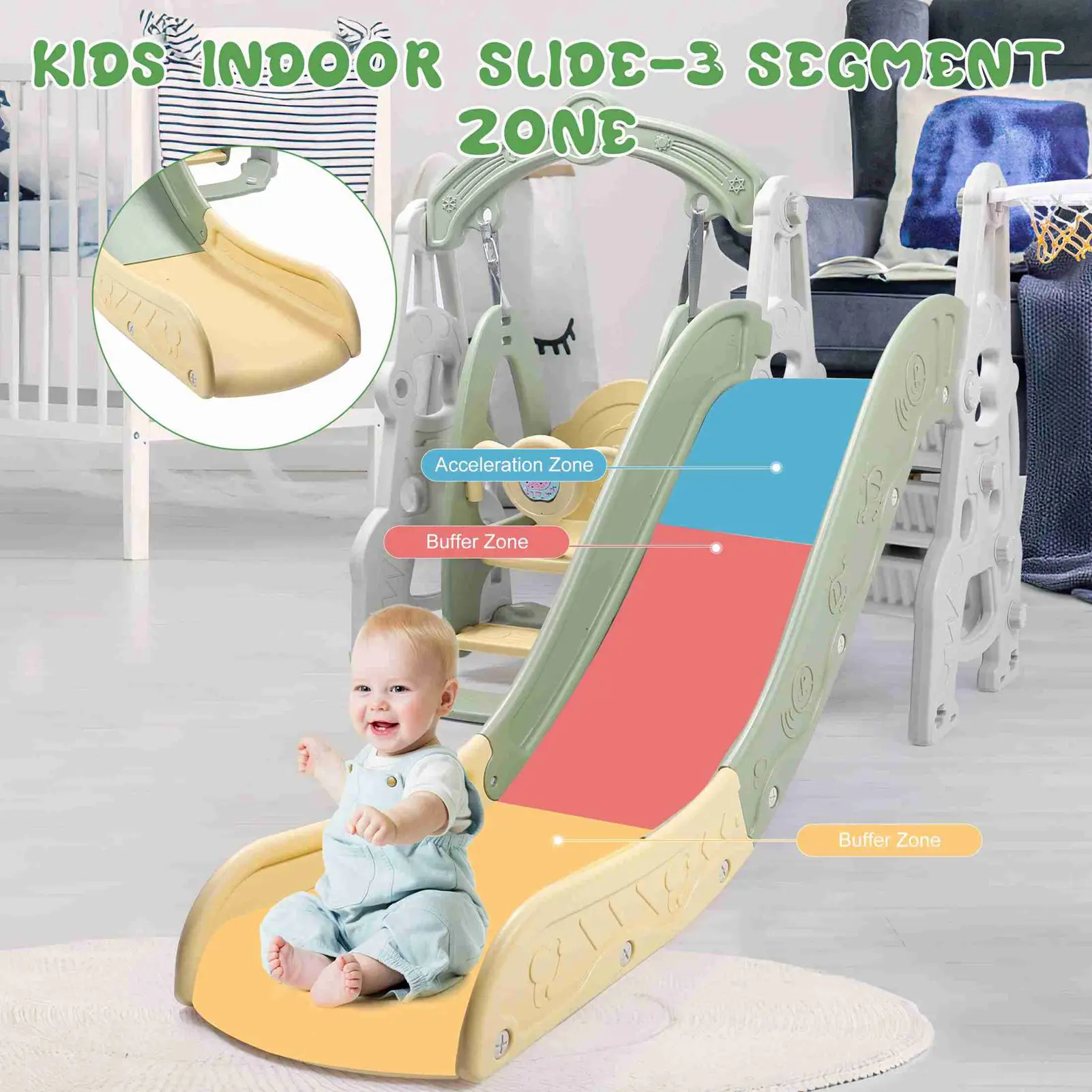 4 in 1 Slide  Fully Enclosed Pedal Enhanced Safety Easy Set Up Playground Slide Swing Playset Green Outdoor Swing with Slide