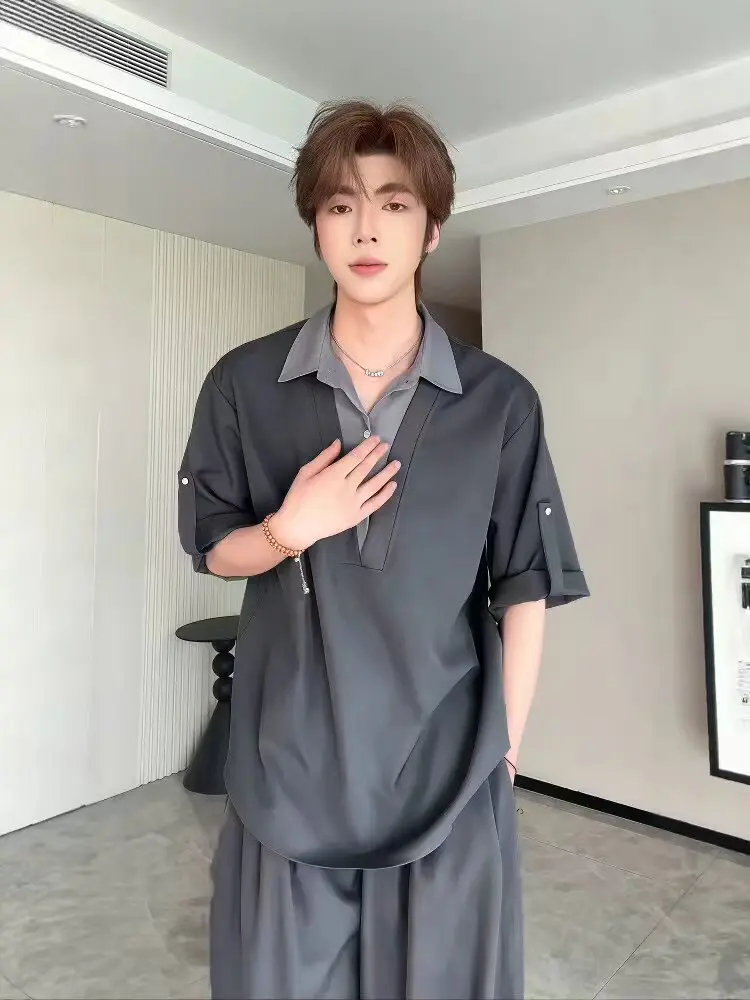 Men's V-Neck Ice Silk Short Sleeve Shirt Seven-Quarter Sleeve  Shirt Loose Fit Summer Breathable Comfortable Skin-Friendly