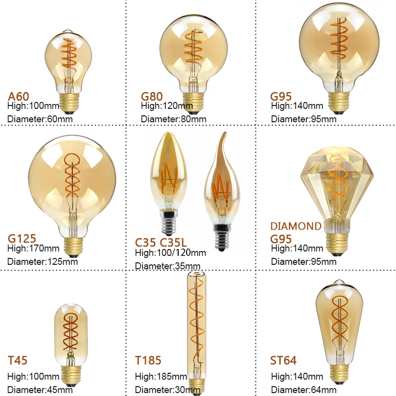 Retro LED Spiral Filament Light Bulb E14 E27 Vintage LED Bulb 220V 4W C35 A60 T45 ST64 G80 G95 G125 Led Lighting Edison Lamp