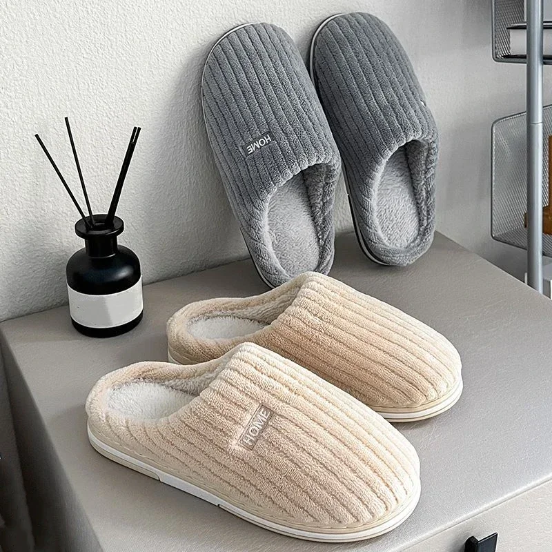 New Concise Men Warm Slippers Winter Women Furry Slides Bedroom Home Plush Non-Slip Shoes New Couples Comfort Fluffy Flats