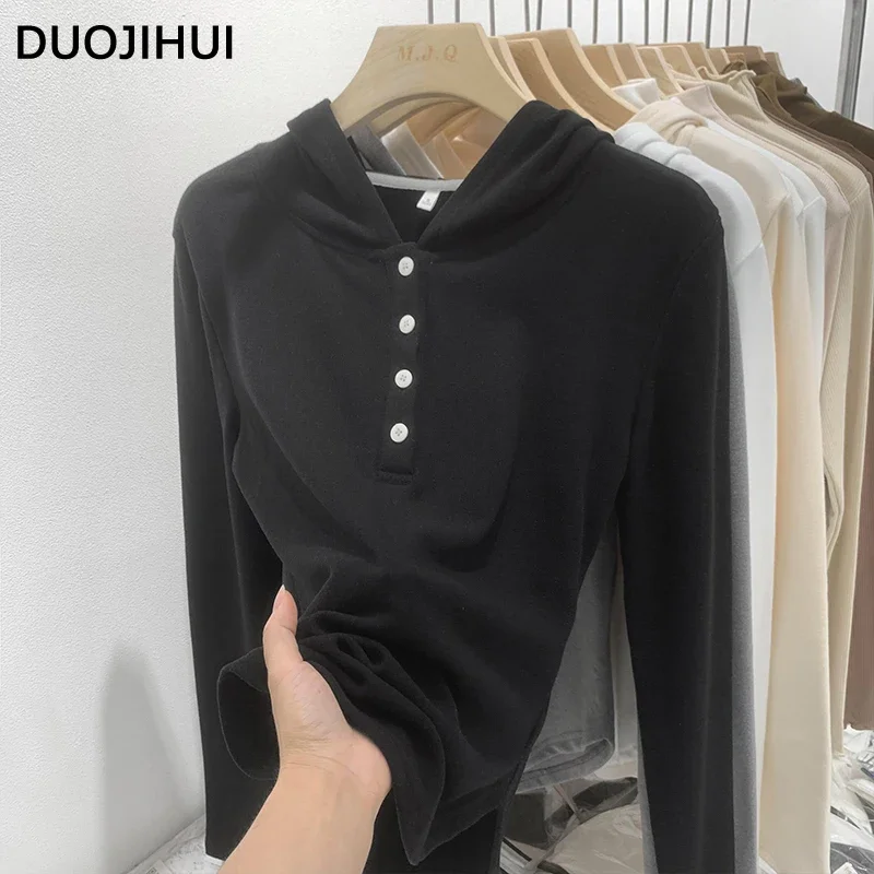 

DUOJIHUI Basic Hooded Chicly Button Loose Women Hoodies Autumn Classic Solid Color Fashion Simple Casual Pullover Female Hoodies