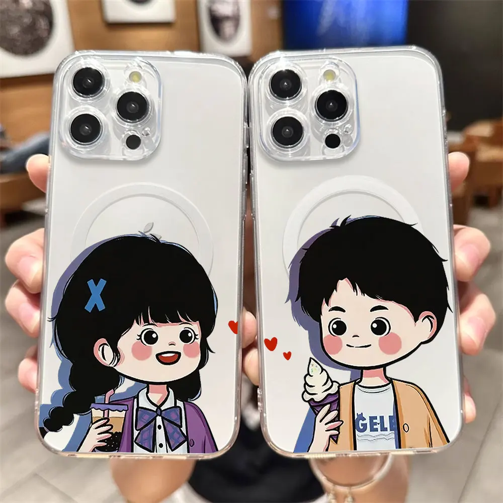 Cute Cartoon Paired Couple Phone Case for iPhone 12 11 13 14 15 16 Max Pro Plus Transparent Magsafe Magnetic Wireless Cover