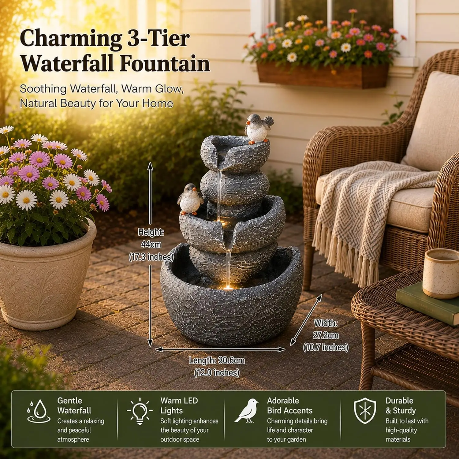 Modern 3 Tier Cascading Resin Fountain Bird Statue Plug In Indoor Outdoor Garden Water Feature Decor With LED Lights